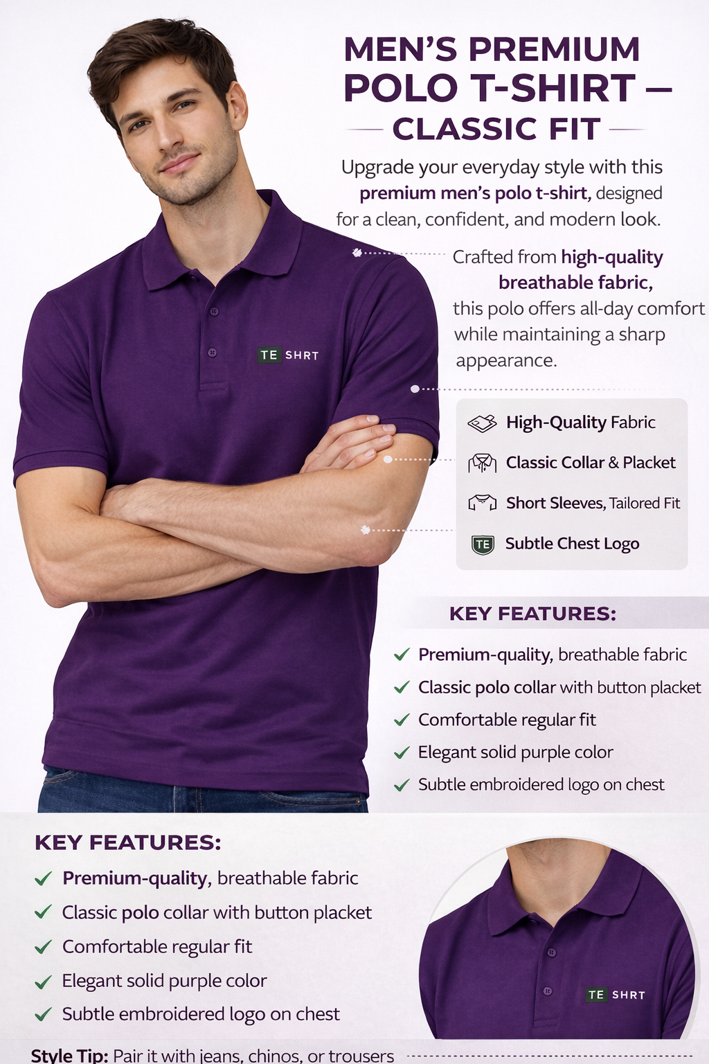 Men’s Premium Purple Polo T-Shirt | Classic Collar Short Sleeve Cotton Polo | Regular Fit Casual Wear