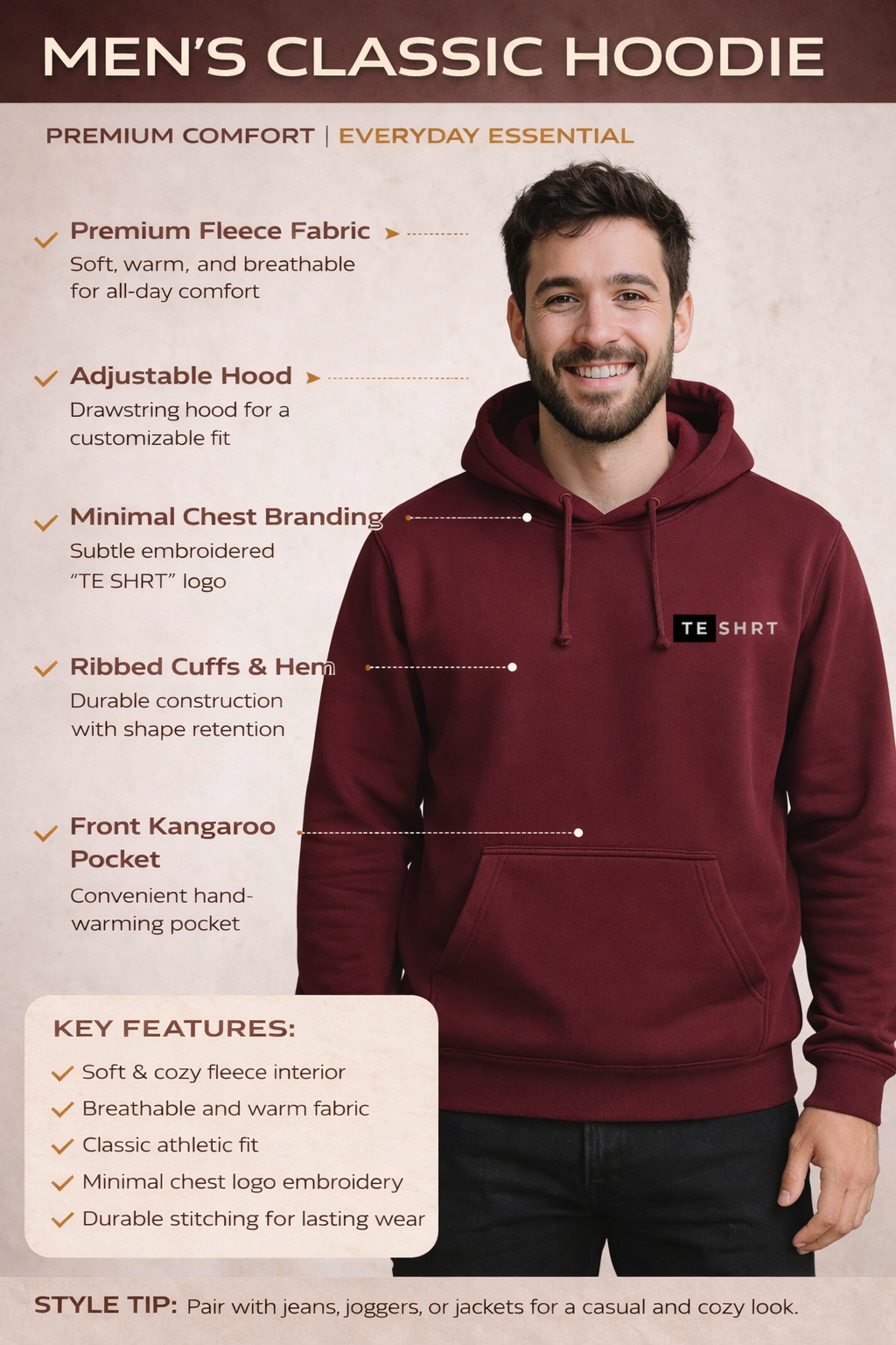 Men’s Premium Maroon Cotton Hoodie | 300 GSM Brushed Fleece Regular Fit Hoodie