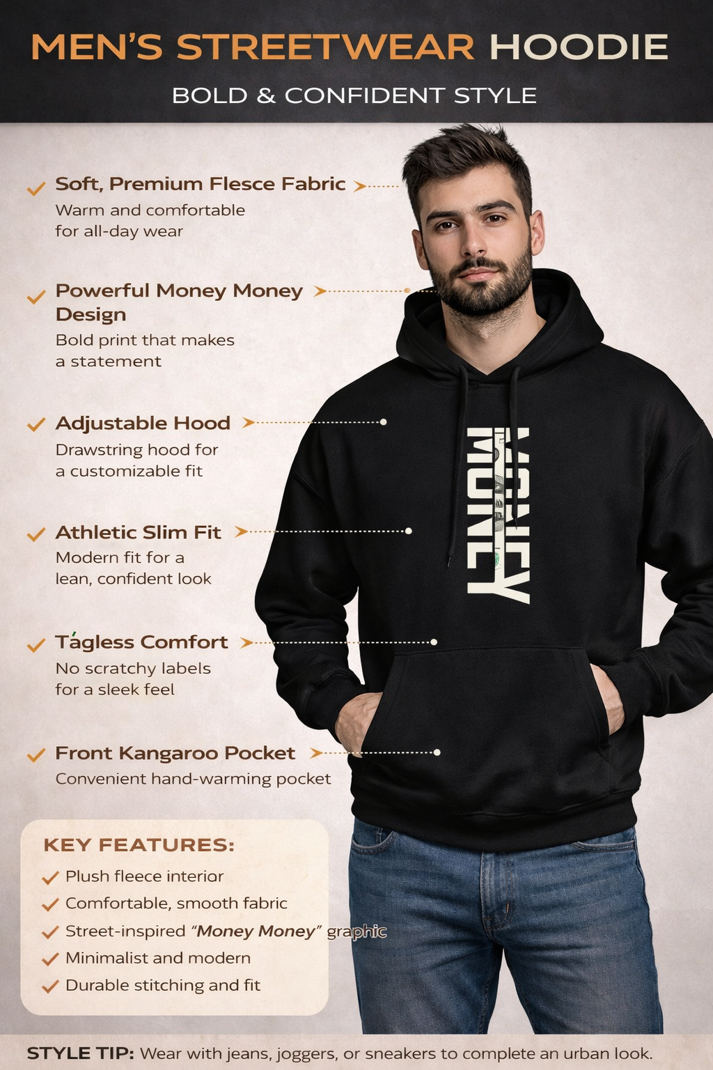Men’s Premium Black Graphic Hoodie | 300 GSM Cotton Brushed Fleece Regular Fit Hoodie