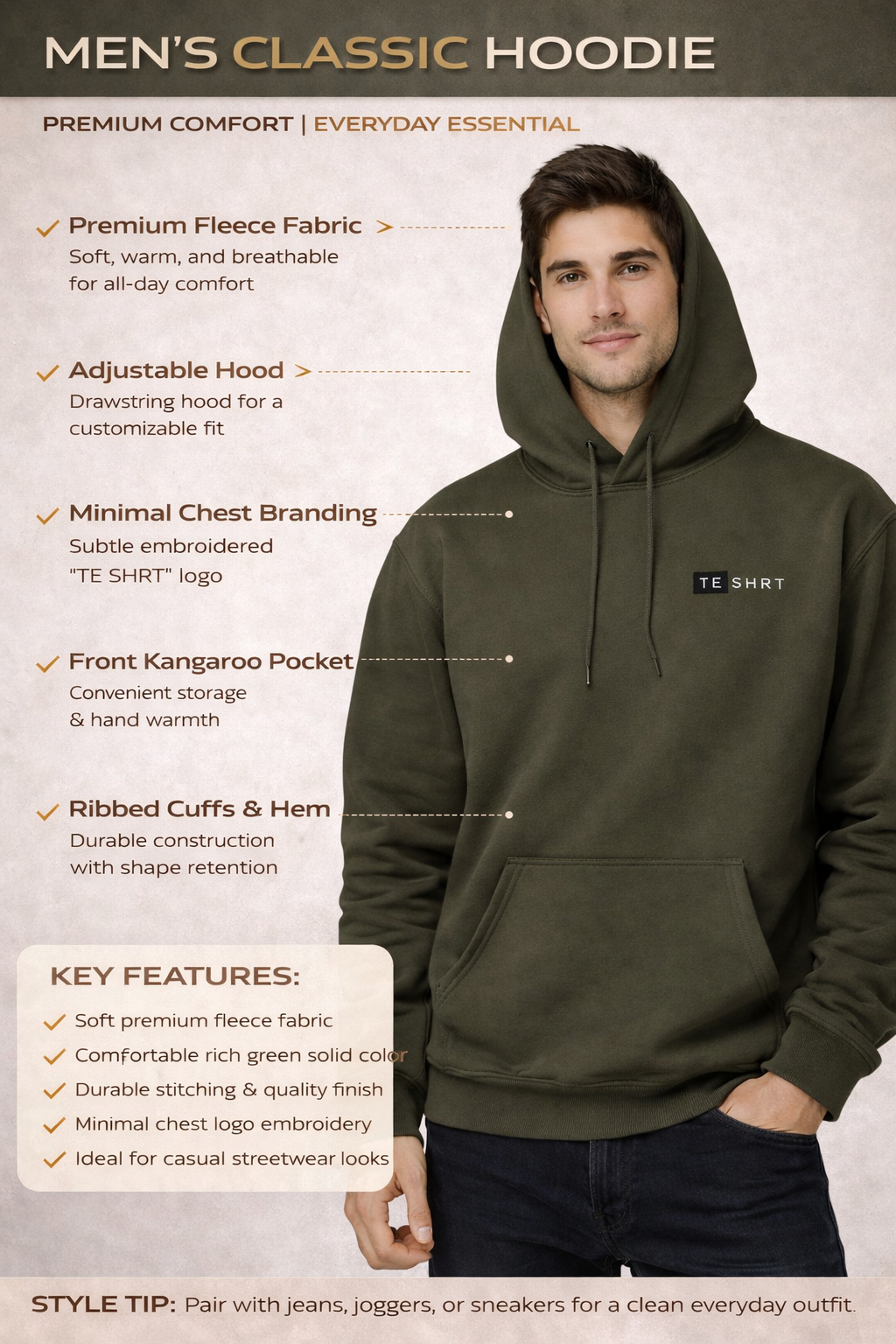 Men’s Premium Olive Cotton Hoodie | 300 GSM Brushed Fleece Regular Fit Hoodie
