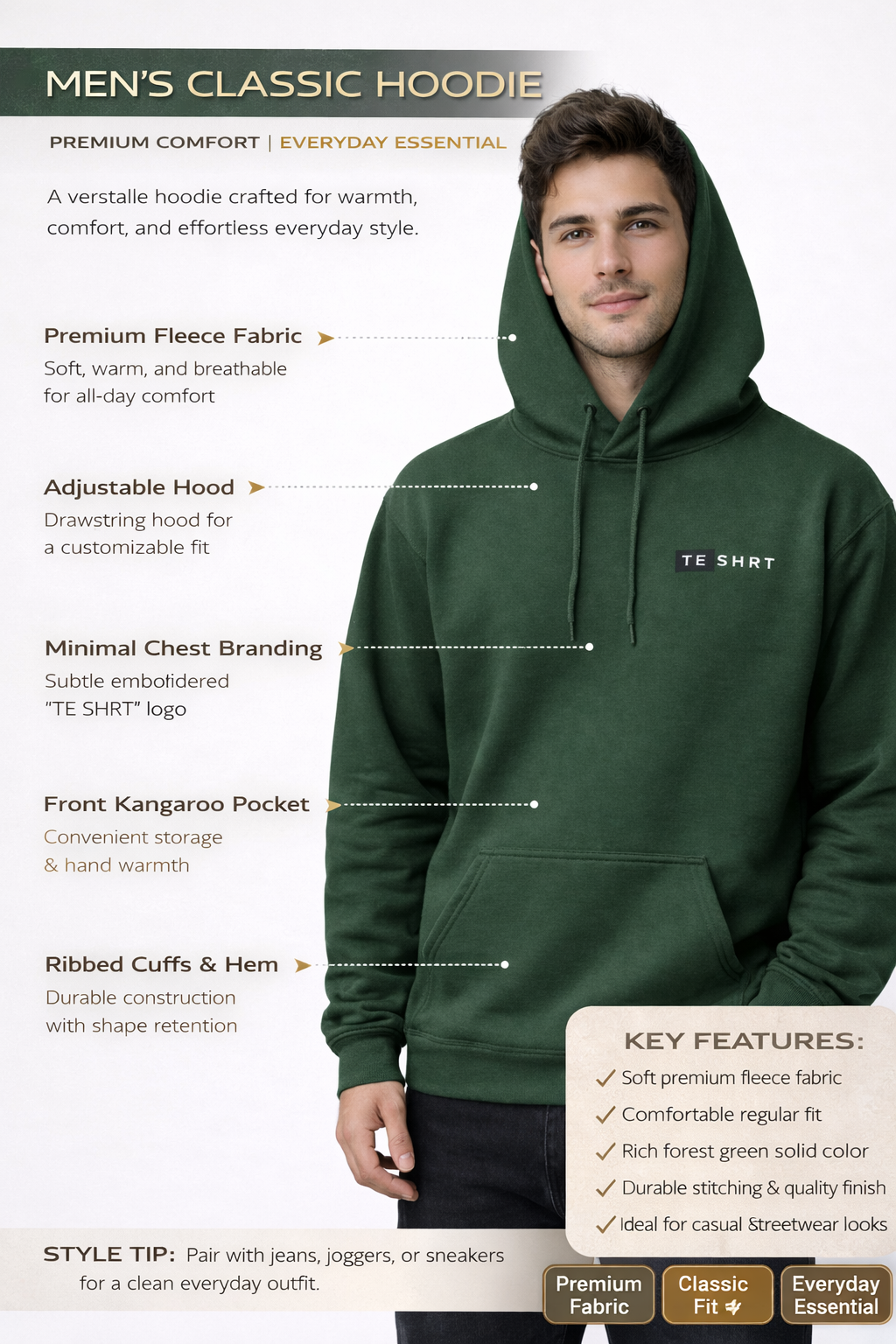 Men’s Premium Green Cotton Hoodie | 300 GSM Brushed Fleece Regular Fit Hoodie